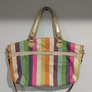Coach Poppy Legacy Multicolor Stripes Glam Tote w/ Sequin & Gold Leather Trim